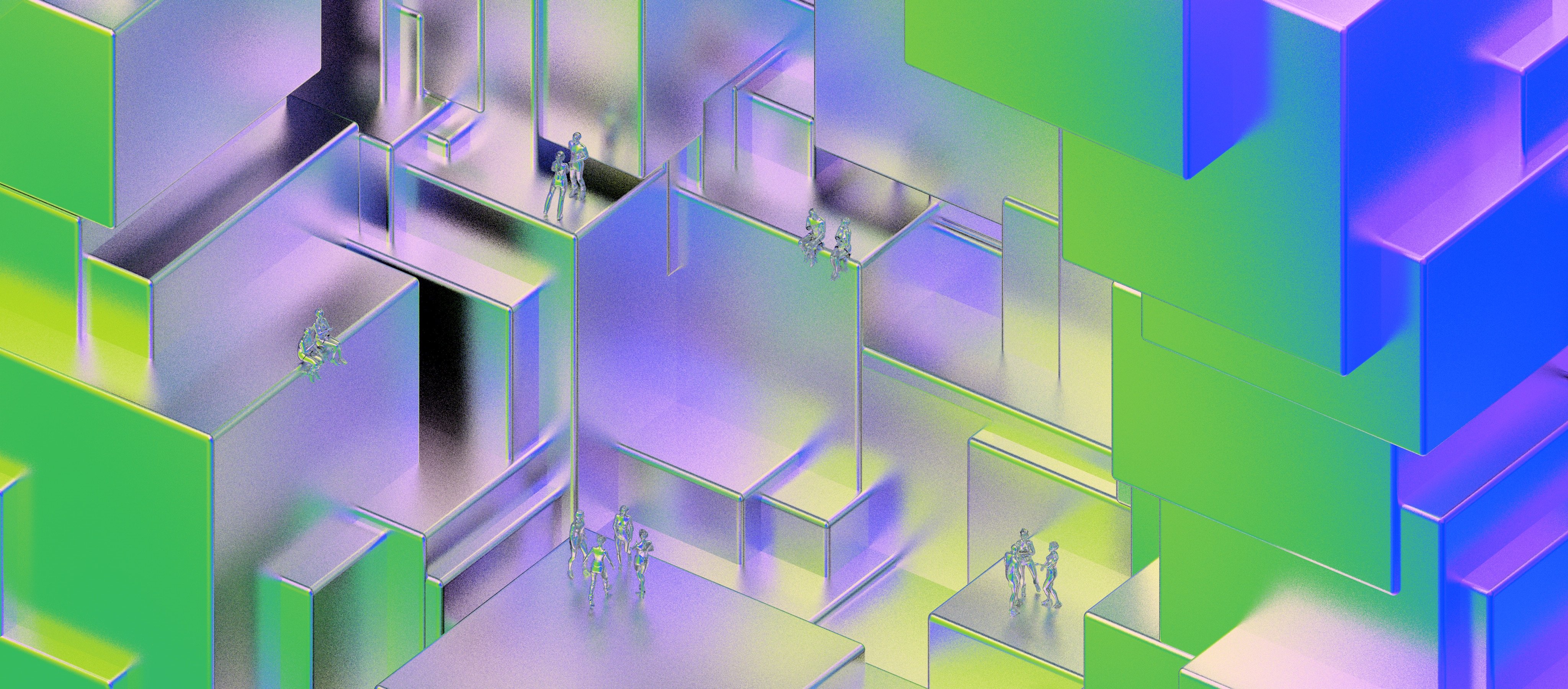 Abstract 3D landscape of iridescent, overlapping cubes in green, blue, and purple hues, with small, metallic humanoid figures standing and interacting on various surfaces.