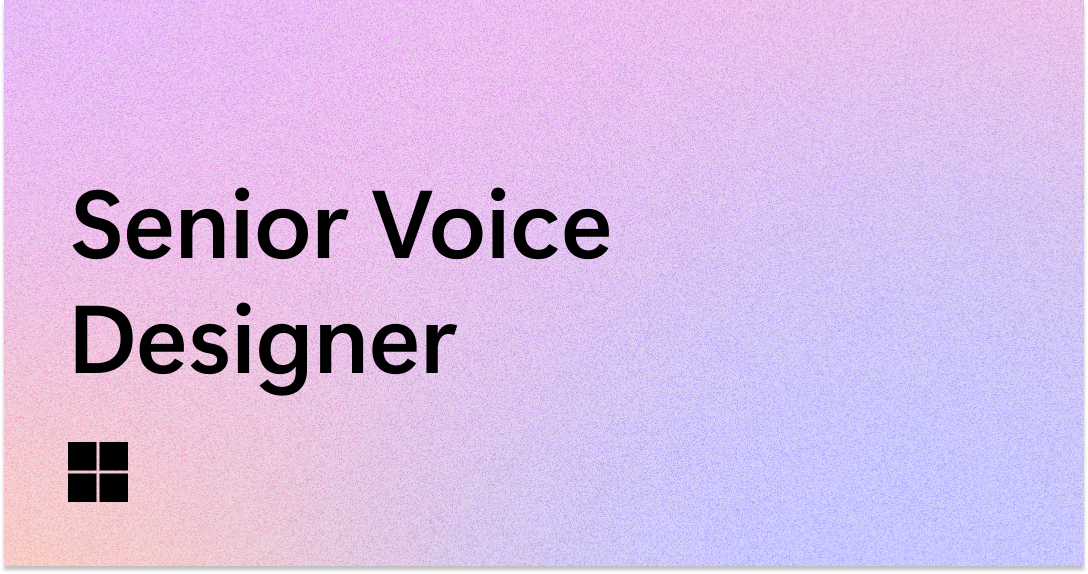 Text on a pastel gradient background reads "Senior Voice Designer" with a small black window-like icon in the lower left corner.