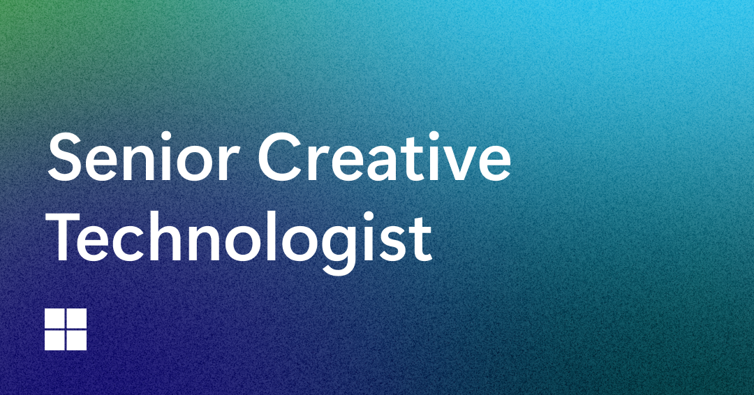 Text reading "Senior Creative Technologist" in large white font on a green-to-blue gradient background, with a small white Windows logo in the bottom left corner.