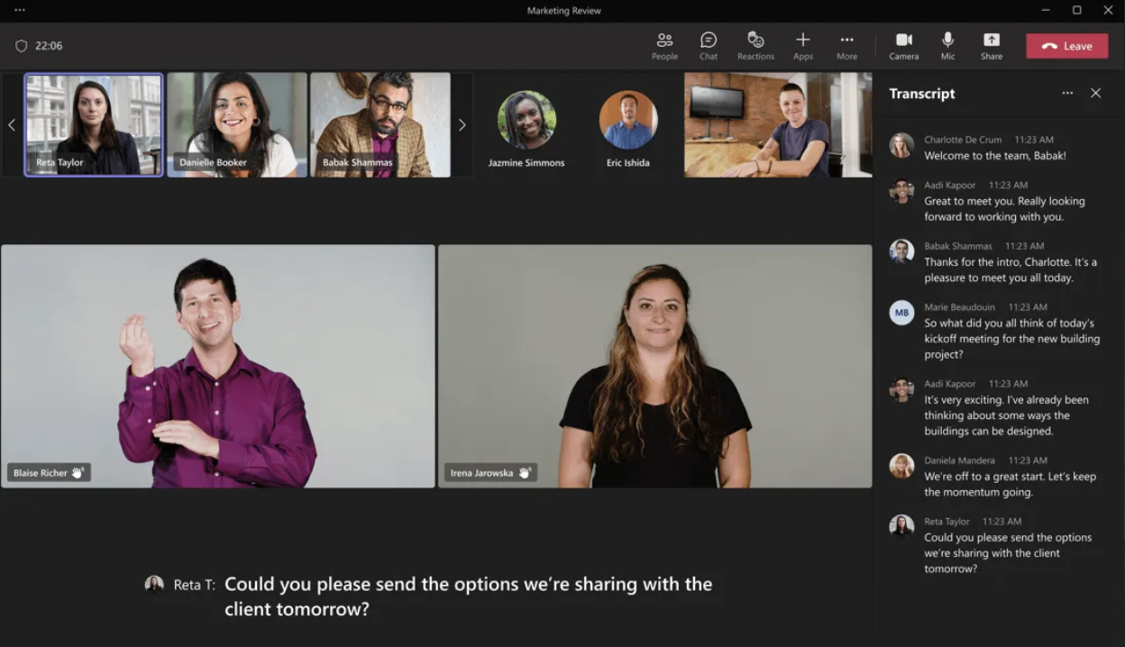 A screenshot of a Microsoft Teams video meeting shows six participants’ video feeds, a chat transcript on the right, and a subtitle at the bottom asking about sharing options with a client tomorrow.