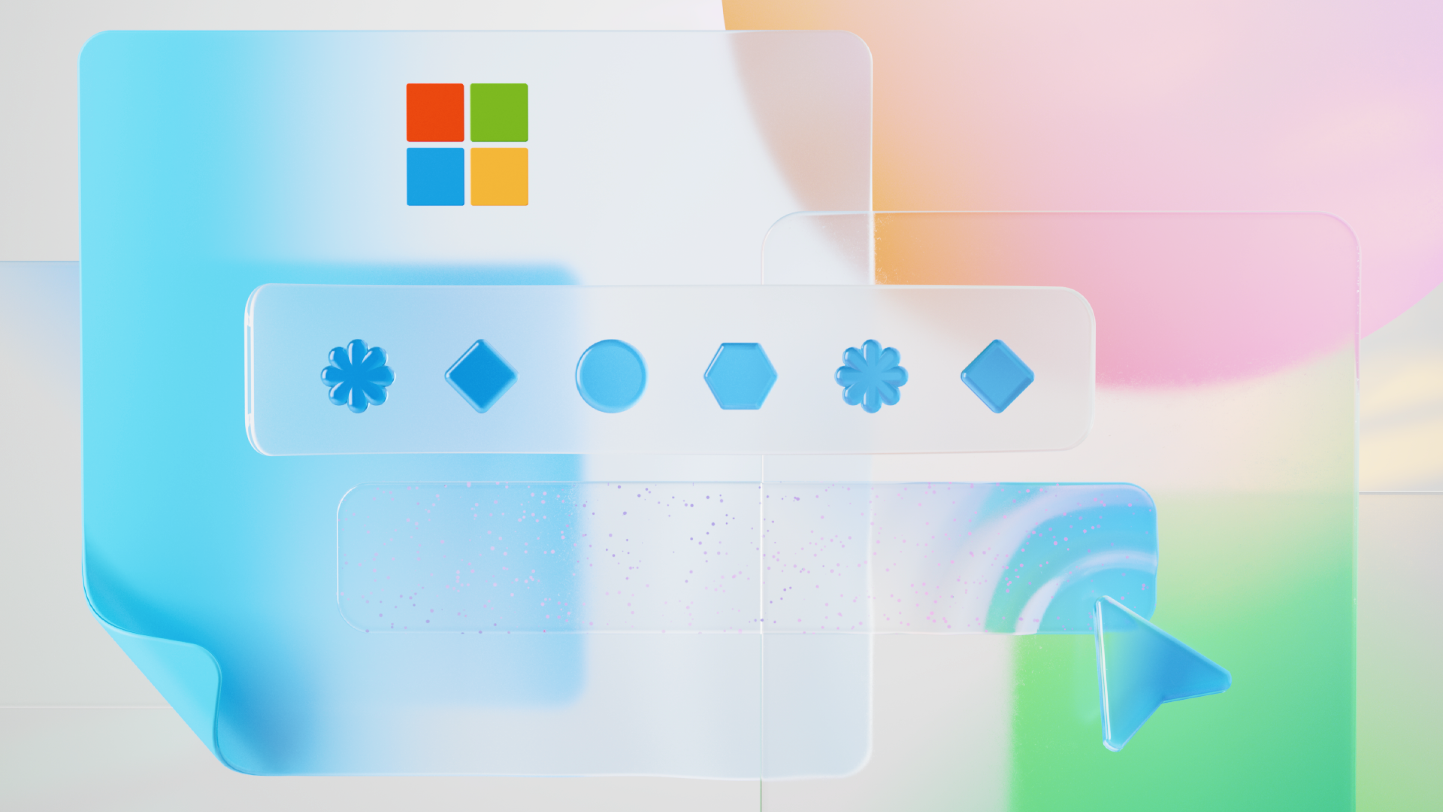 Translucent glass-like interface with Microsoft logo above a row of geometric icons (flower, diamond, circle, etc.), soft pastel colors in the background, and a blue Sign-in arrow at the bottom right.