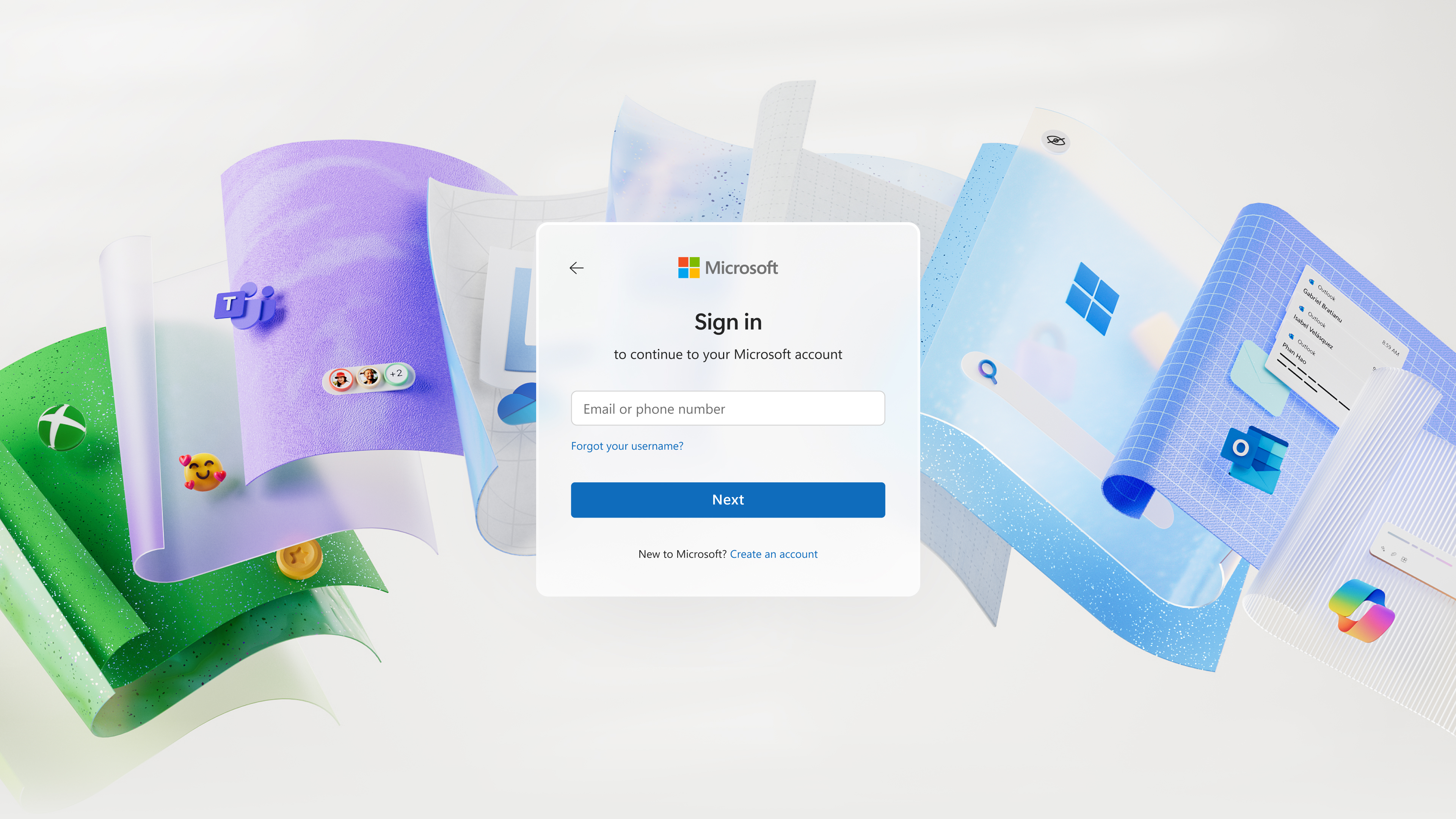 Microsoft sign-in screen with a prompt to enter email or phone number, surrounded by colorful, floating sheets featuring Microsoft app icons and interface elements on a white background.