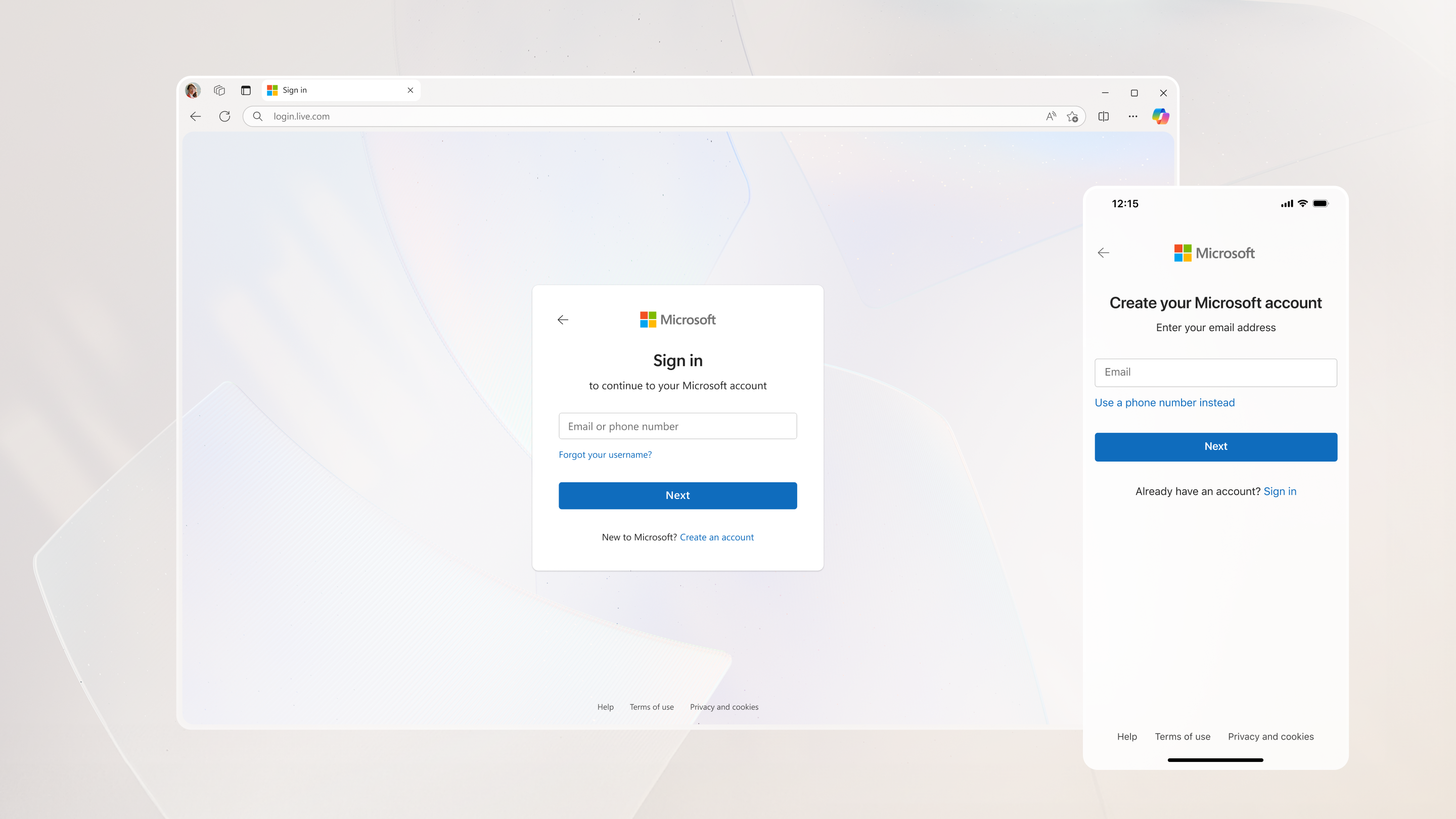 A desktop browser window and a mobile phone both display Microsoft account sign-in and account creation pages, featuring fields for email, phone, and options to create or sign in to an account.