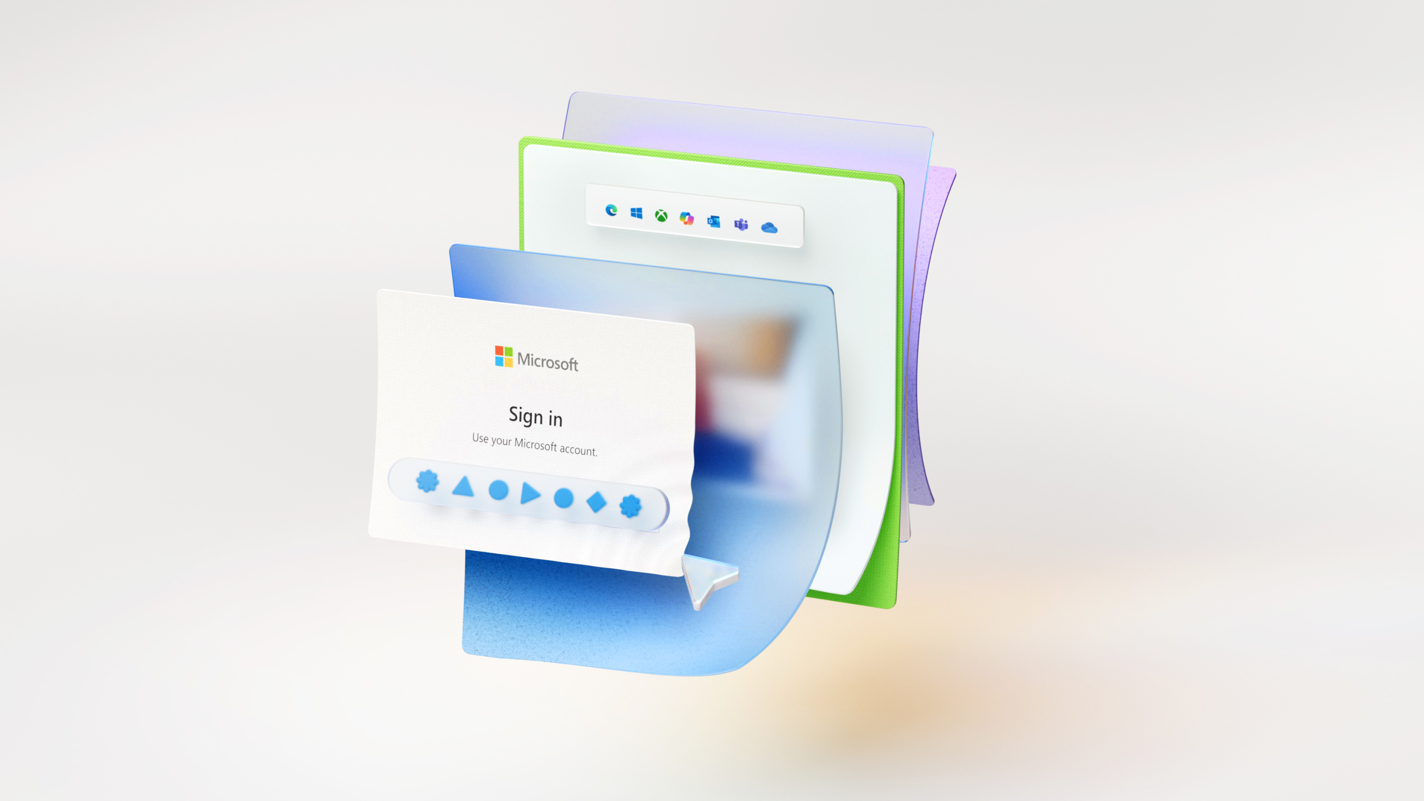 A digital illustration features floating, overlapping Microsoft Windows interface elements, including a prominent Sign-in window with the Microsoft logo and a blurred browser window, all set against a clean white background.