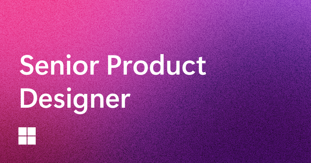White text on a pink-to-purple gradient background reads "Senior Product Designer." A small white window icon is in the lower left corner.