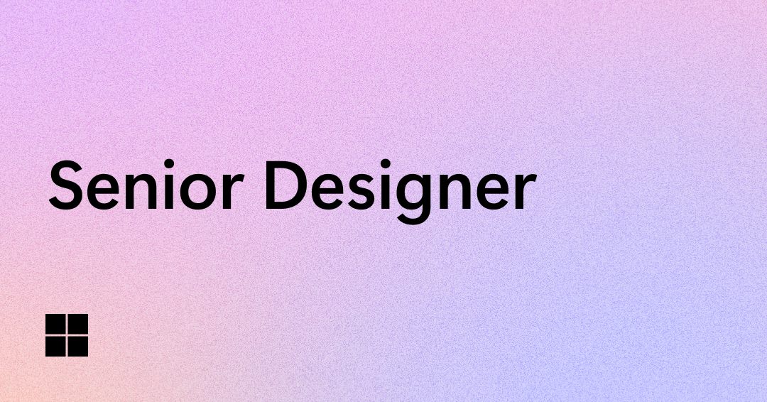 Text "Senior Designer" in bold black font on a pastel gradient background with shades of purple, pink, and blue. A small black square logo with four quadrants is in the bottom left corner.