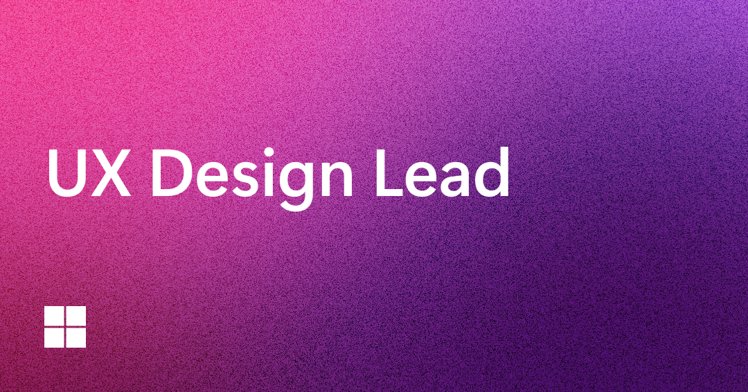 Text reading “UX Design Lead” in large white letters on a pink and purple gradient background, with a small white square logo in the bottom left corner.