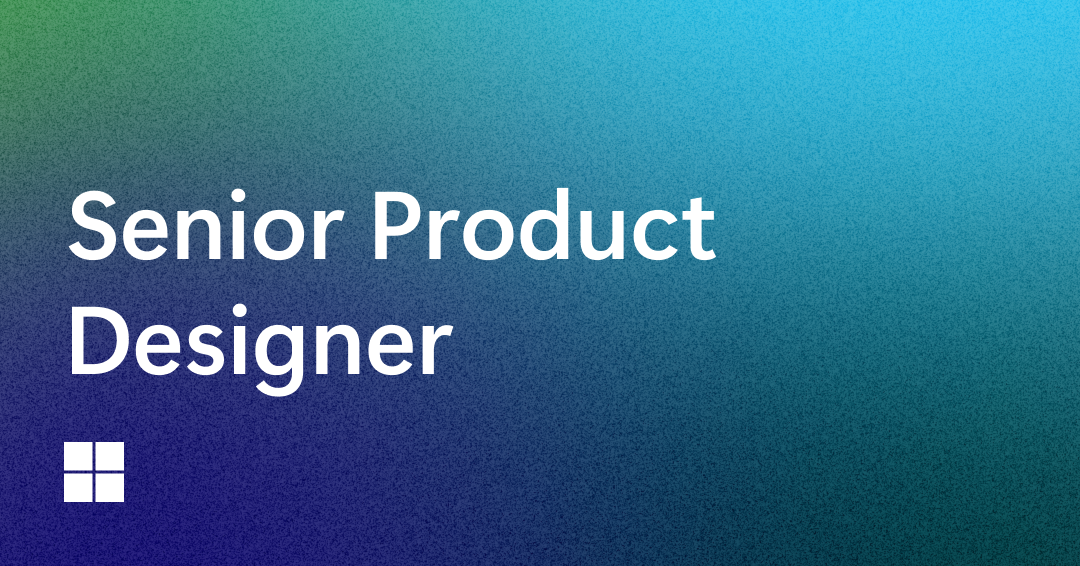 White text reads "Senior Product Designer" on a blue and green textured gradient background, with a small white square logo featuring four smaller squares in the bottom left corner.