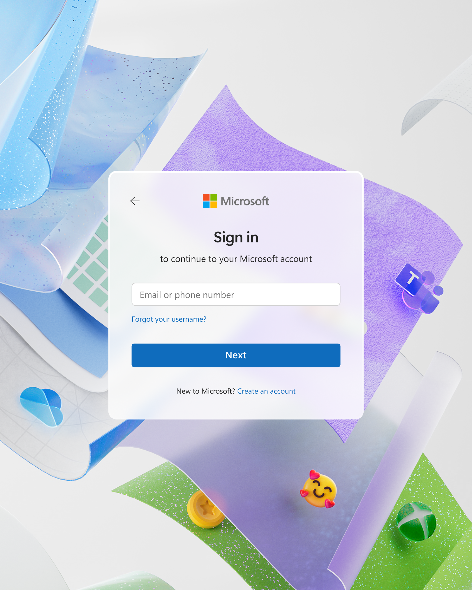 A Sign-in screen for Microsoft appears with fields for email or phone number, overlaid on a colorful, abstract background filled with floating shapes and playful icons like a keyboard, heart, and smiley face emoji.