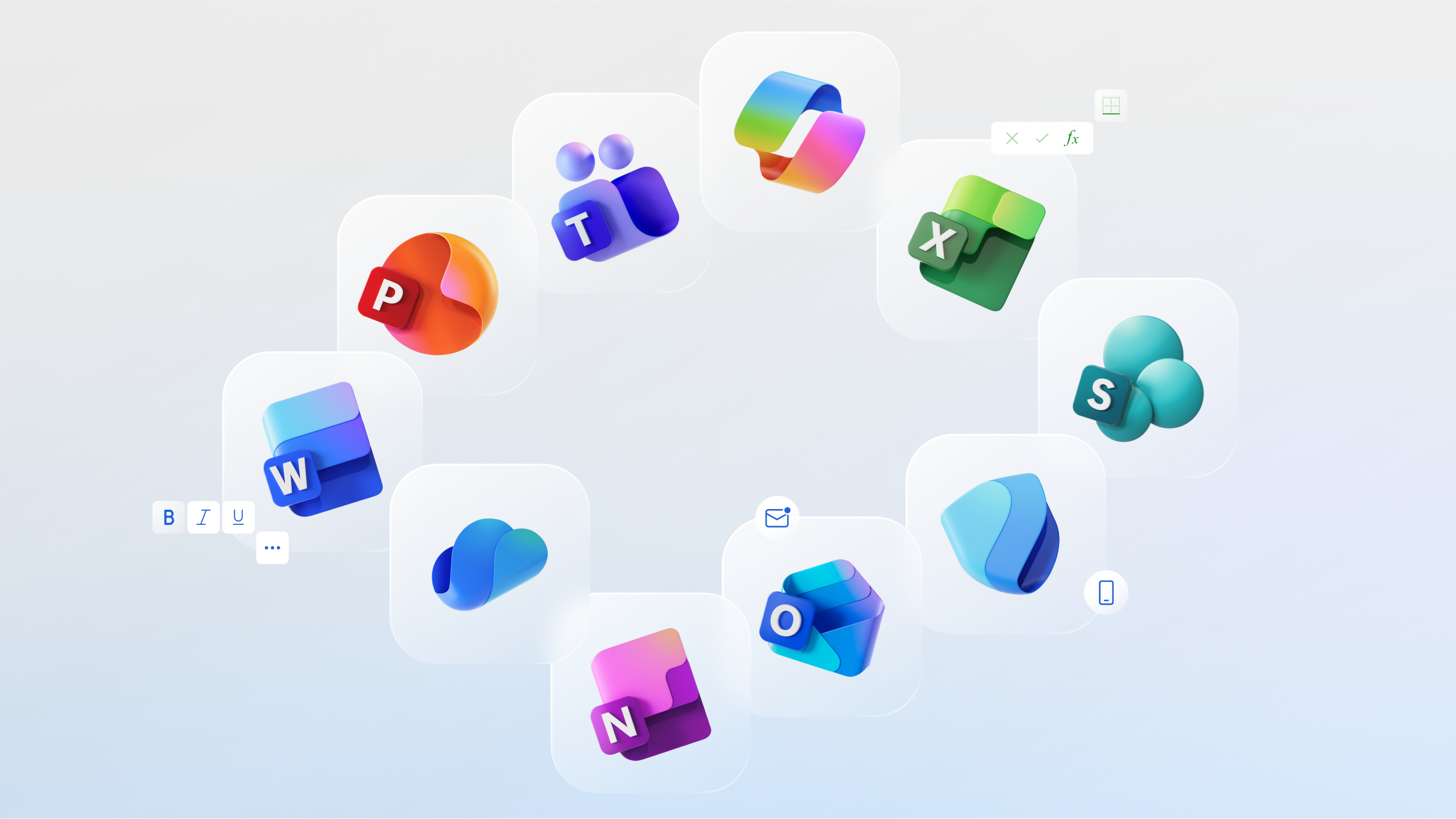 Colorful 3D icons representing various Microsoft Office apps, including Word, PowerPoint, Teams, Excel, SharePoint, OneDrive, Outlook, and OneNote, arranged in a circular pattern on a light background.