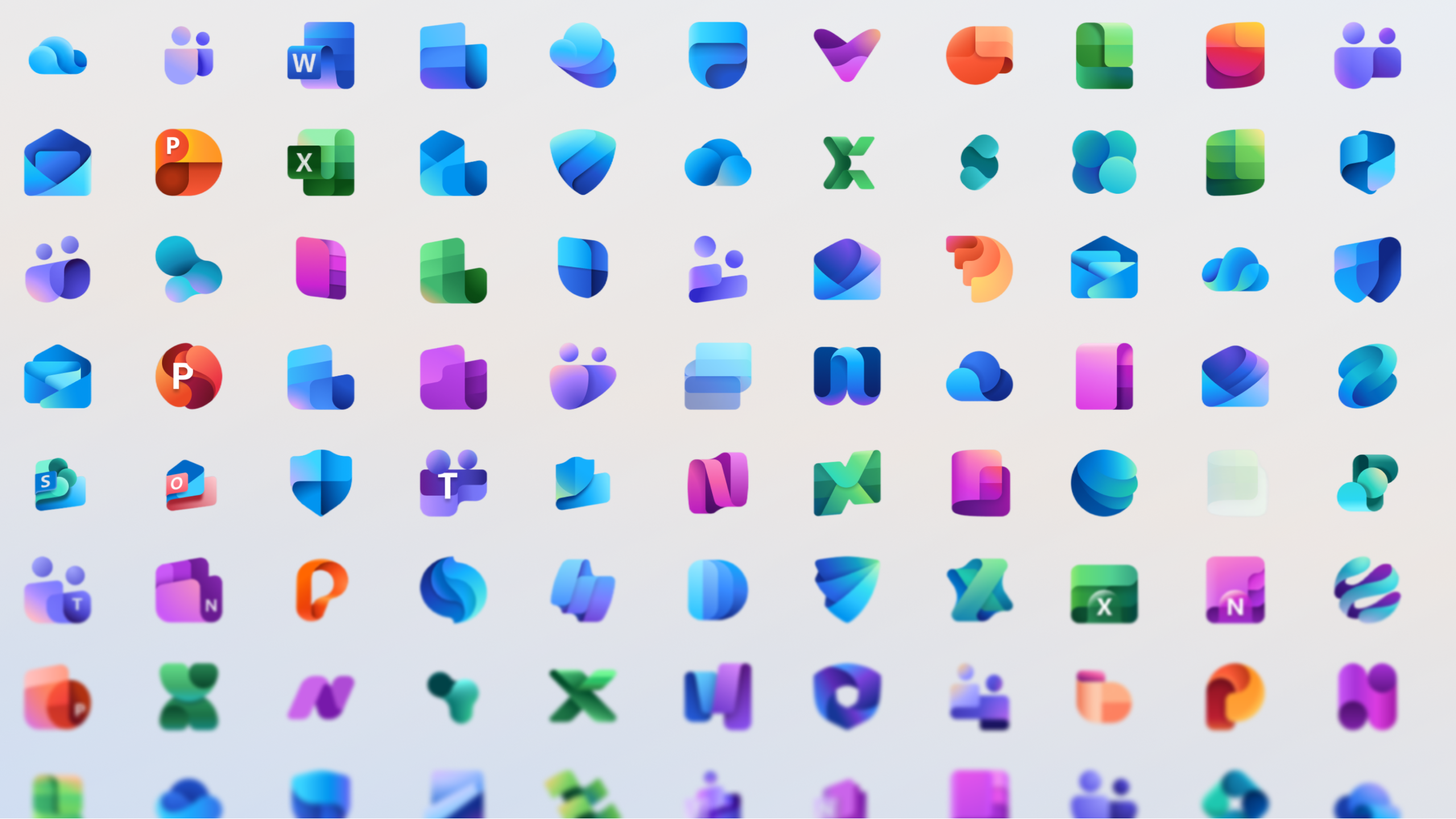Grid of various colorful Microsoft Office and Microsoft 365 app icons, including Word, Excel, PowerPoint, Outlook, Teams, OneDrive, and others, displayed on a light gradient background.