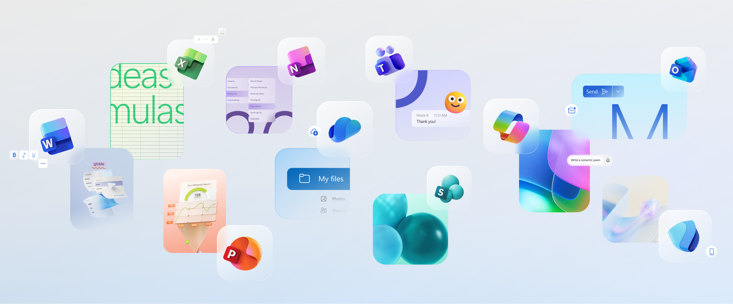 A collage of Microsoft Office app icons, including Word, Excel, PowerPoint, Outlook, Teams, OneNote, and others, floating over a light background with abstract shapes and interface elements.