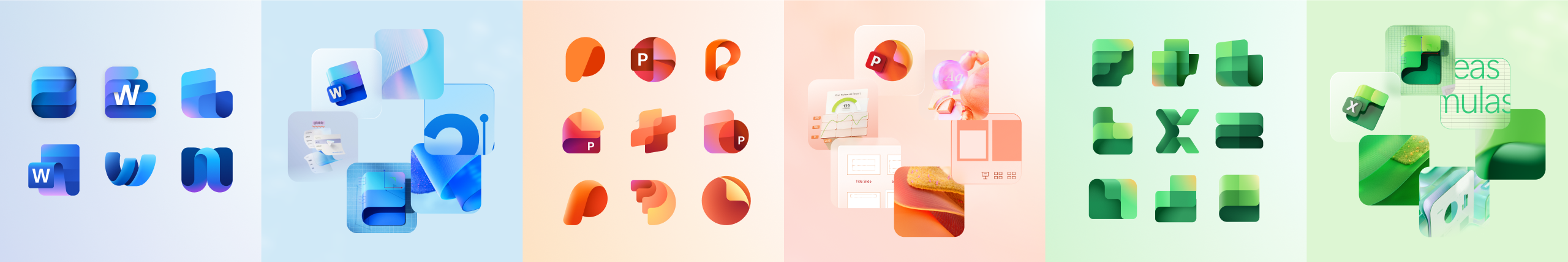 A collage showing stylized icons for Microsoft Word, Outlook, Teams, PowerPoint, OneNote, Excel, and Access, each set against gradient backgrounds in blue, orange, pink, and green tones.