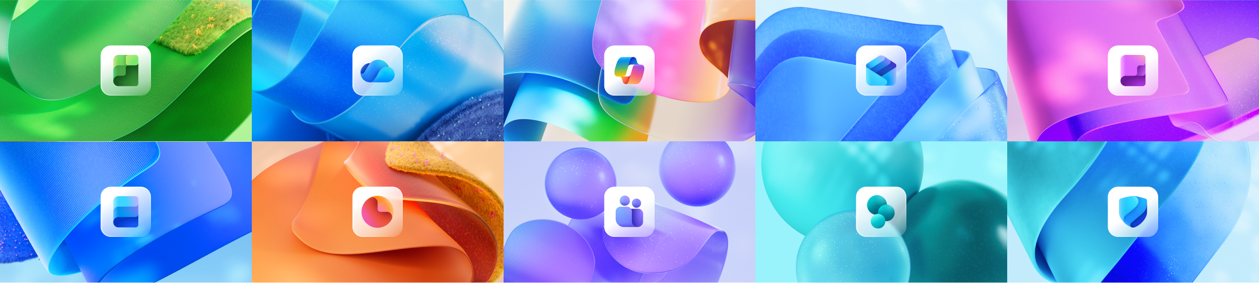 Ten colorful abstract backgrounds in a grid, each featuring a different white Microsoft app icon in the center, such as Excel, OneDrive, Outlook, PowerPoint, Word, Teams, and others.