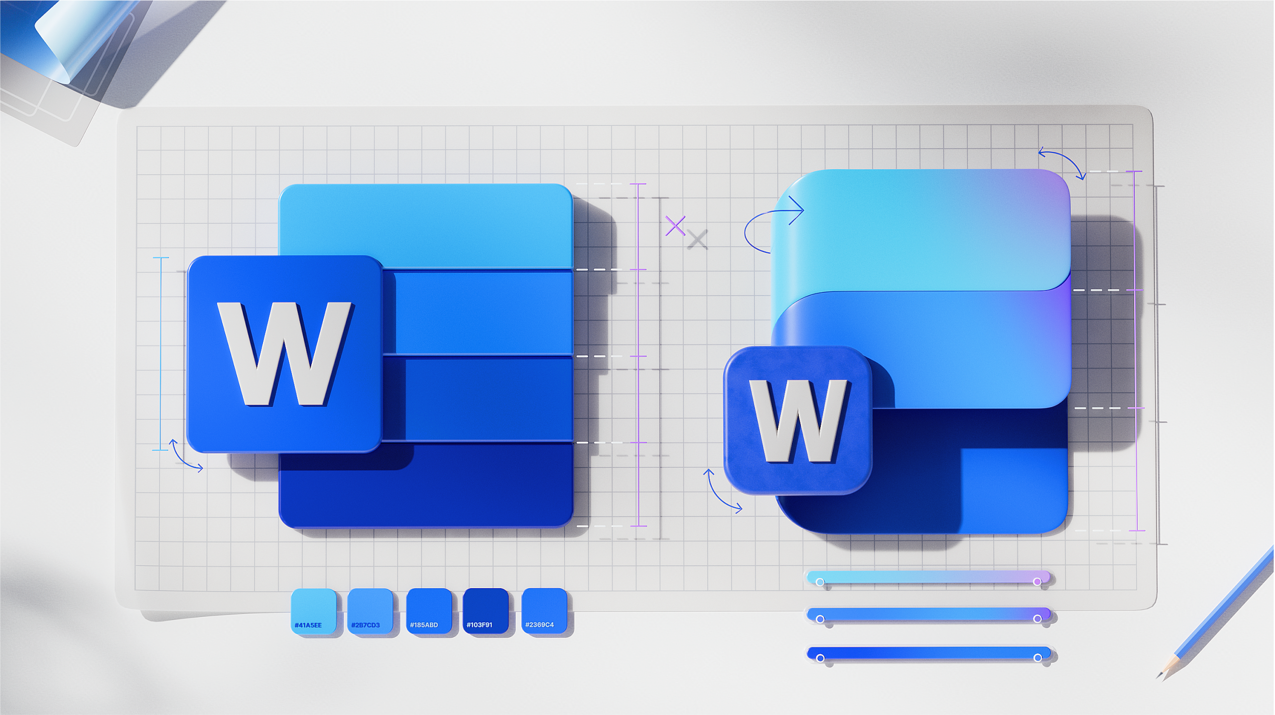 Two large blue Microsoft Word icons, old and new designs, are displayed on a white grid background with measurement lines and arrows, along with blue design tools and color swatches nearby.