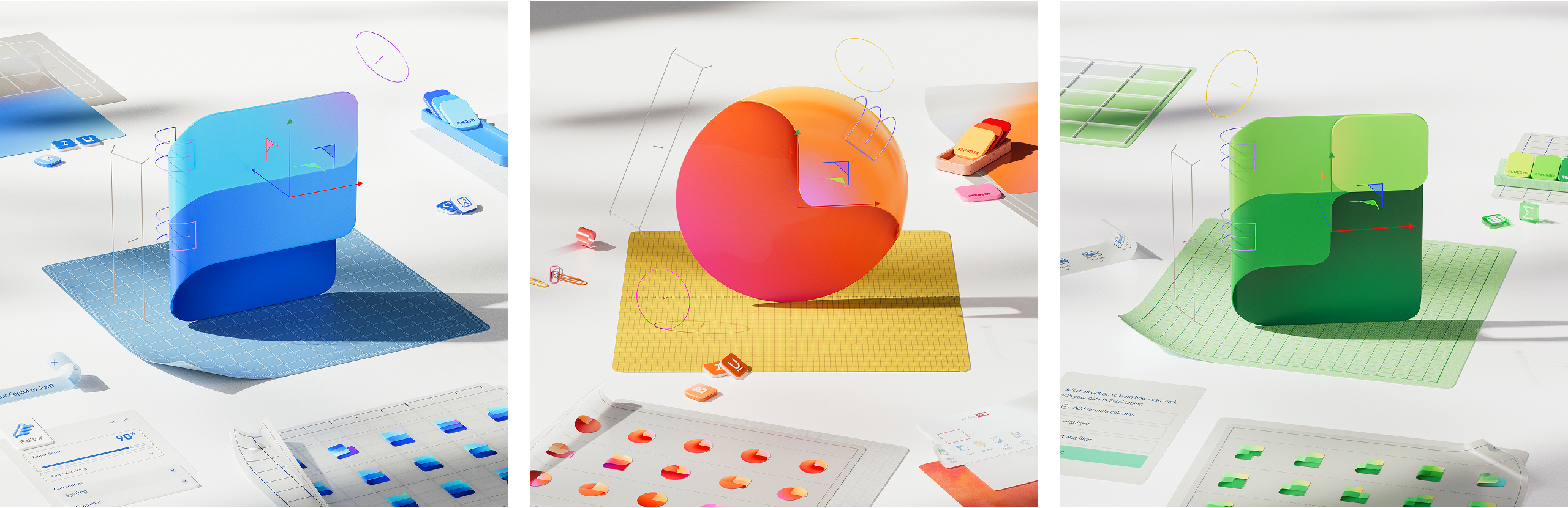 Three abstract 3D renderings: blue shapes on a grid, an orange oval on yellow, and green shapes on a grid, each surrounded by floating geometric icons, miniature charts, and office supplies on a white surface.