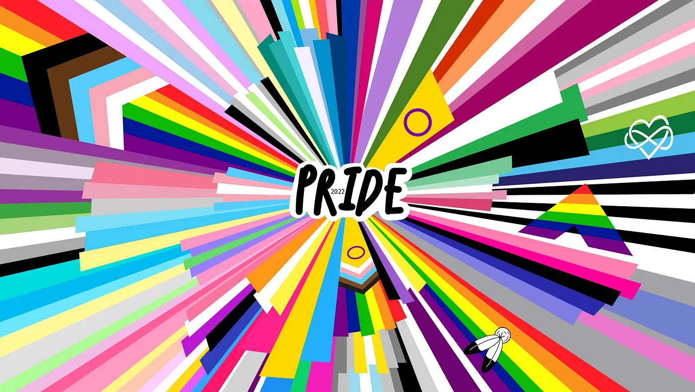 Colorful burst of various LGBTQ+ pride flags radiate from the center, where the word "PRIDE" is written in bold letters. The image includes a heart symbol and a small rocket in opposite corners.