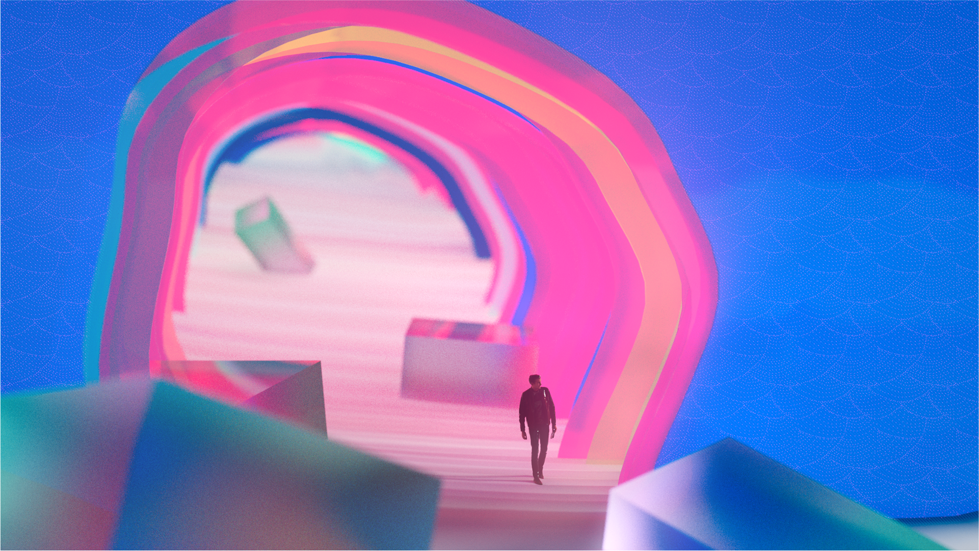 A silhouette of a person walks toward a glowing, colorful tunnel with vibrant pink and rainbow hues, surrounded by abstract geometric shapes against a blue, patterned background.