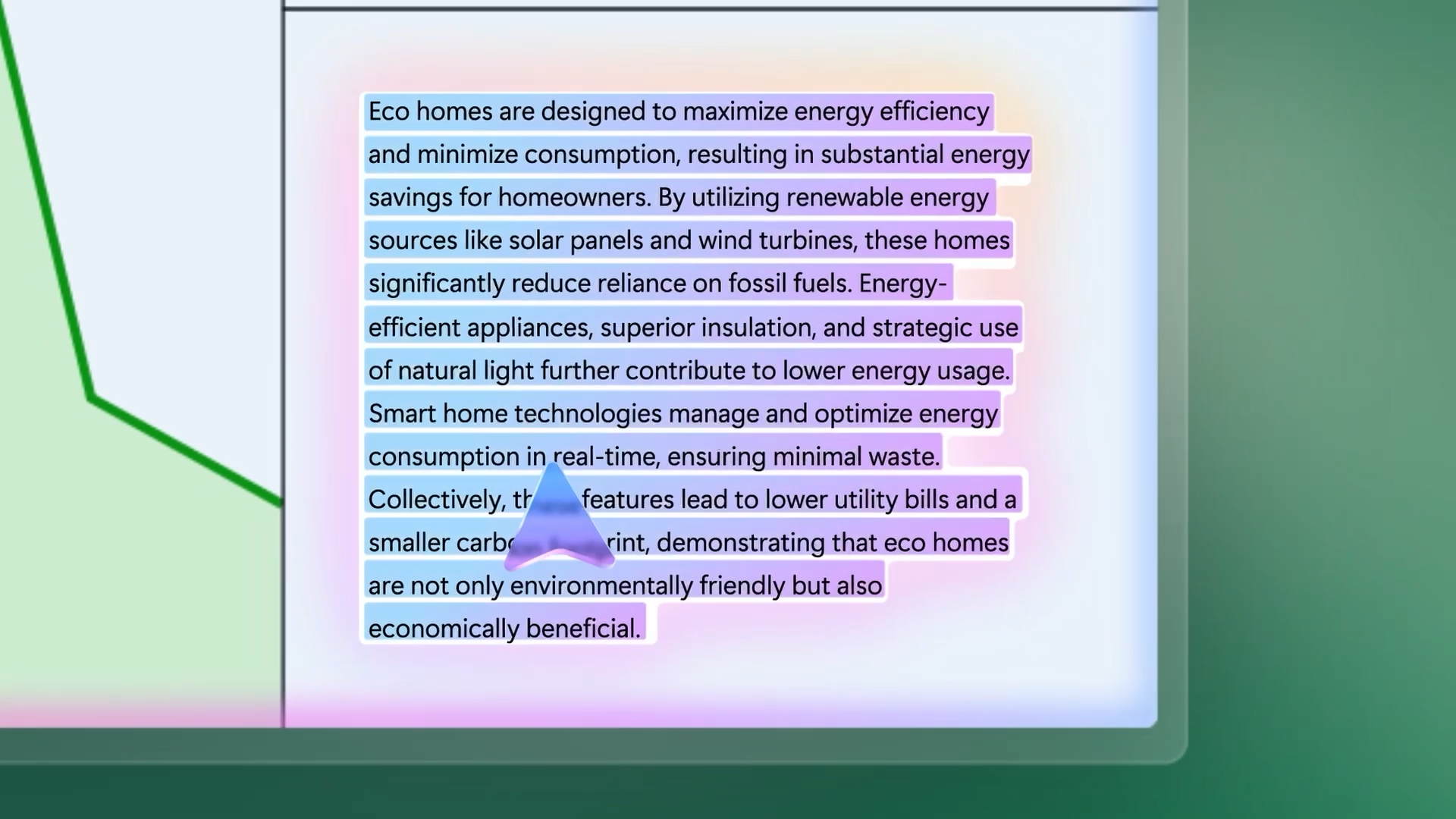 A highlighted text passage discusses eco homes, describing their energy efficiency, use of renewable sources, reduction of fossil fuel reliance, lower utility bills, minimal waste, and environmental and economic benefits.