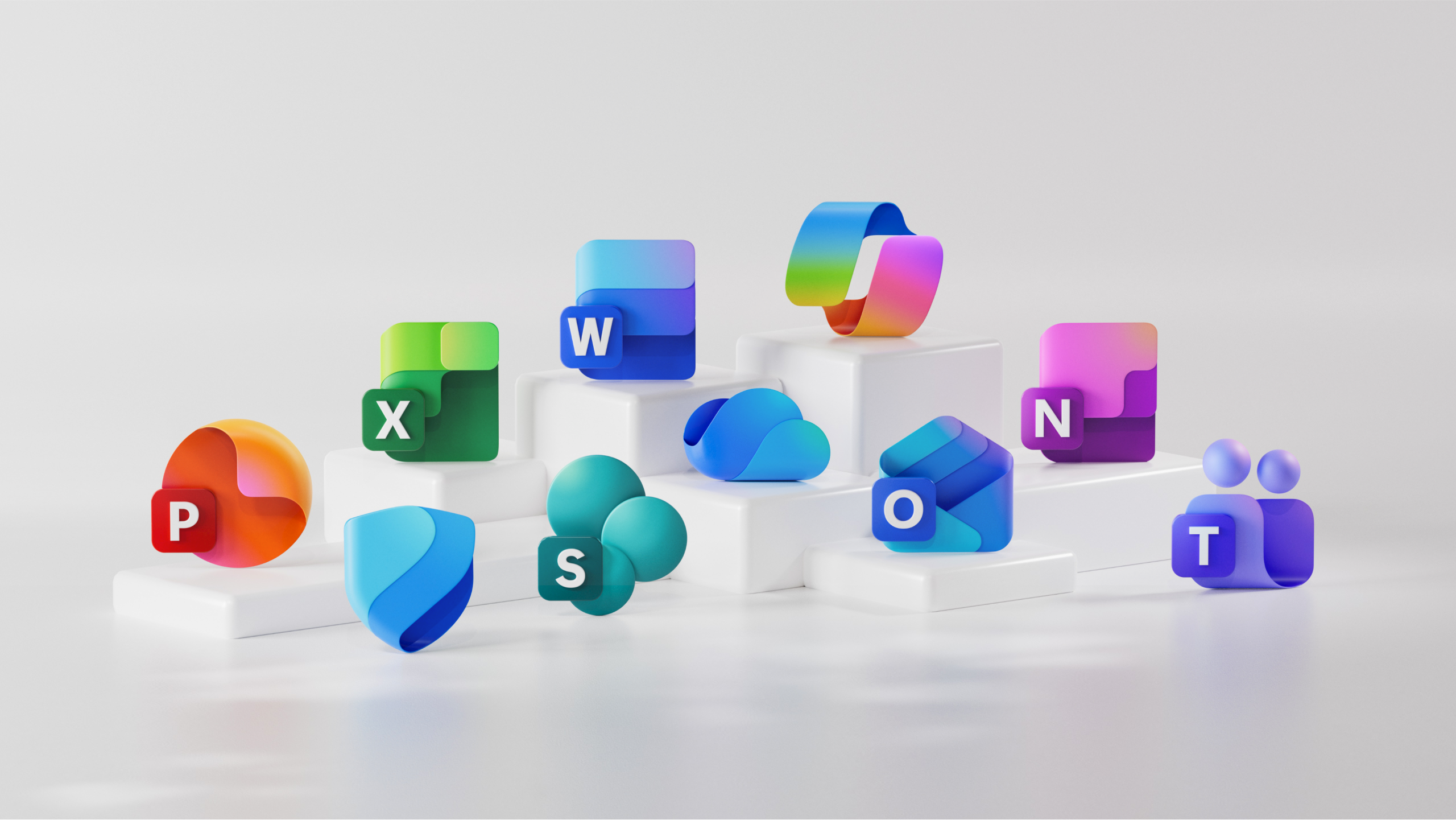 Colorful 3D icons representing Microsoft Office apps, including PowerPoint, Excel, Word, Outlook, OneNote, SharePoint, and Teams, are displayed on white pedestals against a light background.