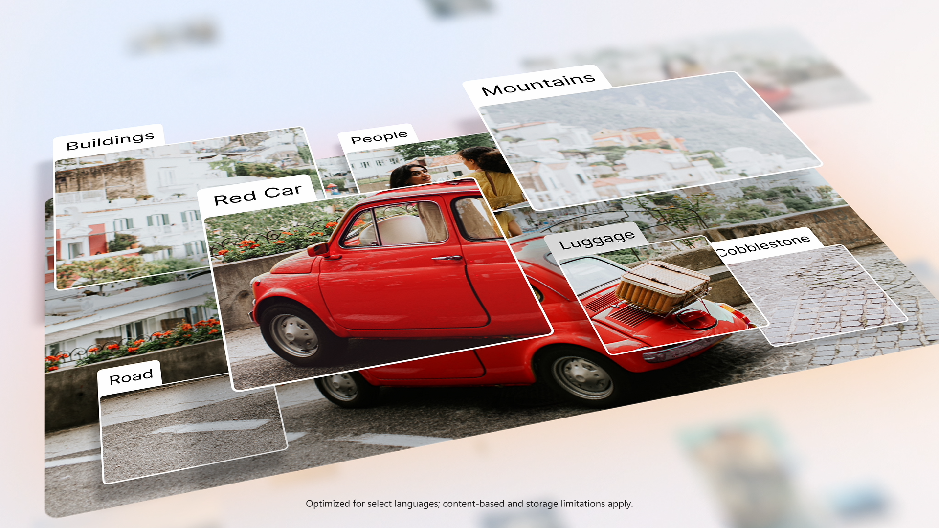 A red vintage car with luggage on its trunk is parked on a cobblestone road, surrounded by buildings, people, and distant mountains. Various areas of the image are labeled, highlighting elements like road, luggage, and more.