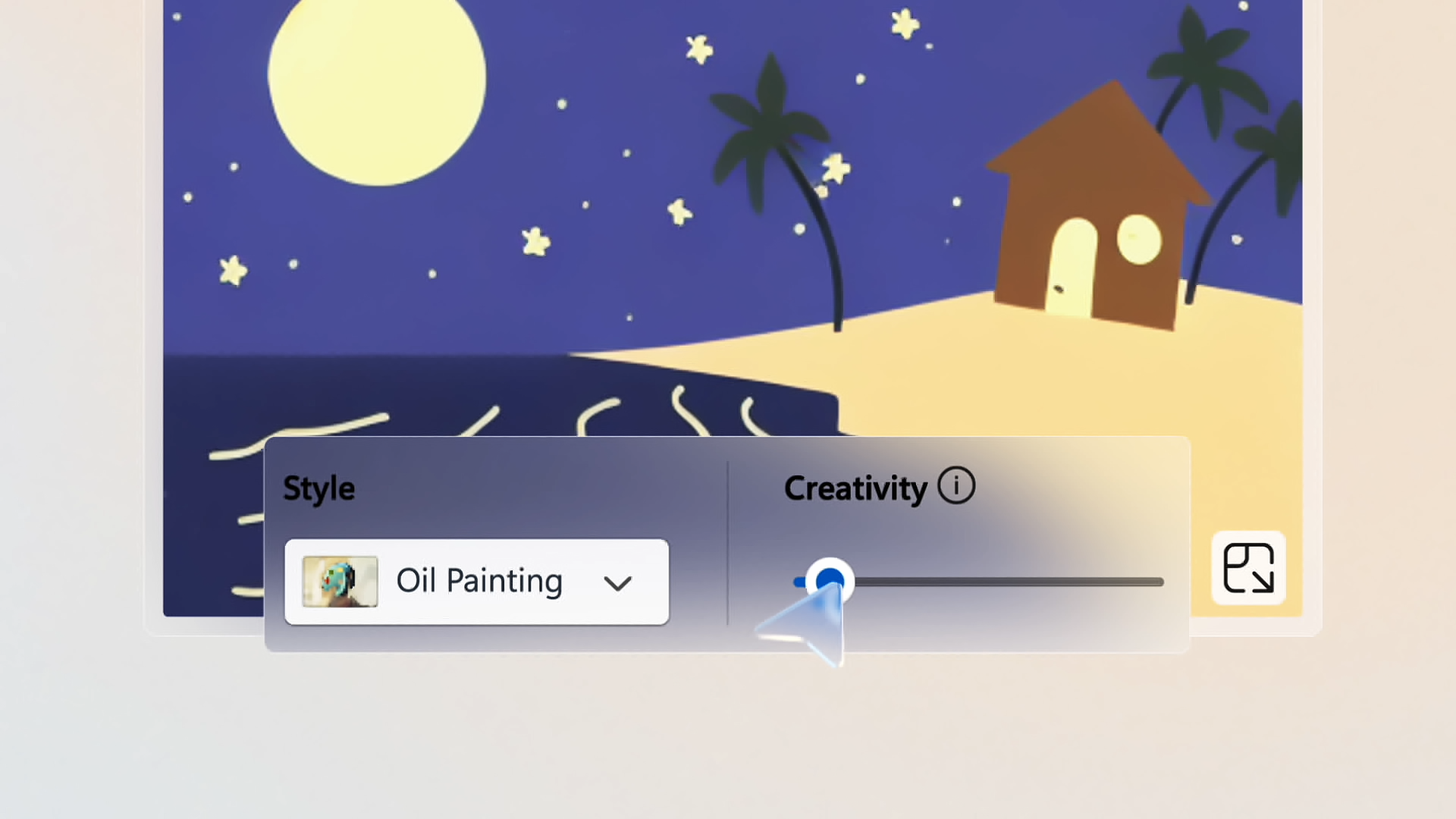 A digital interface shows a beach scene at night with a full moon, stars, palm trees, and a hut. Below, a menu displays "Style: Oil Painting" and a "Creativity" slider set to the middle position.