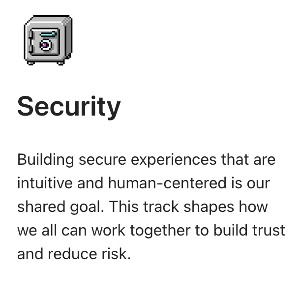 Pixel art of a safe above bold text reading "Security." Below, text explains the goal of building secure, human-centered experiences to foster trust and reduce risk.