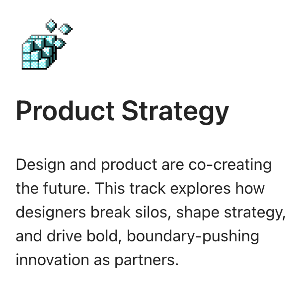 A small pixelated blue and white cube icon above the bold text "Product Strategy." Below, descriptive text explains the collaboration between design and product to foster innovation and shape strategy.