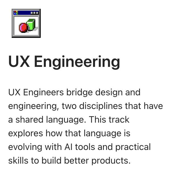 A small computer icon above the heading "UX Engineering" with text explaining that UX Engineers connect design and engineering, focusing on AI tools and skills to create better products.