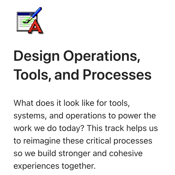 An icon of a pencil, ruler, and paintbrush overlaps a computer window above the bold title “Design Operations, Tools, and Processes” with explanatory text about reimagining tools and systems for better teamwork.