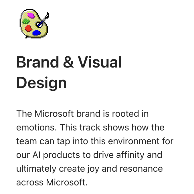 A colorful artist’s palette icon above the text “Brand & Visual Design.” Below, a paragraph explains how Microsoft’s brand taps into emotions to create resonance and joy through AI products.