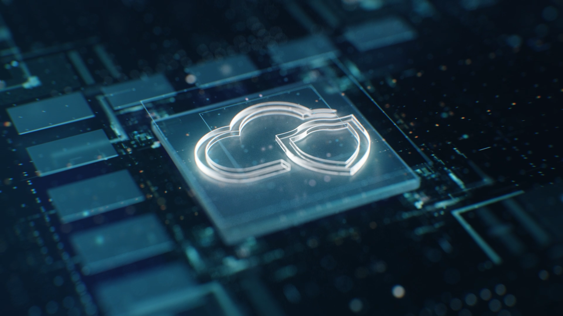 A glowing cloud icon with a shield overlaps on a digital circuit board background, symbolizing cloud computing and cybersecurity.