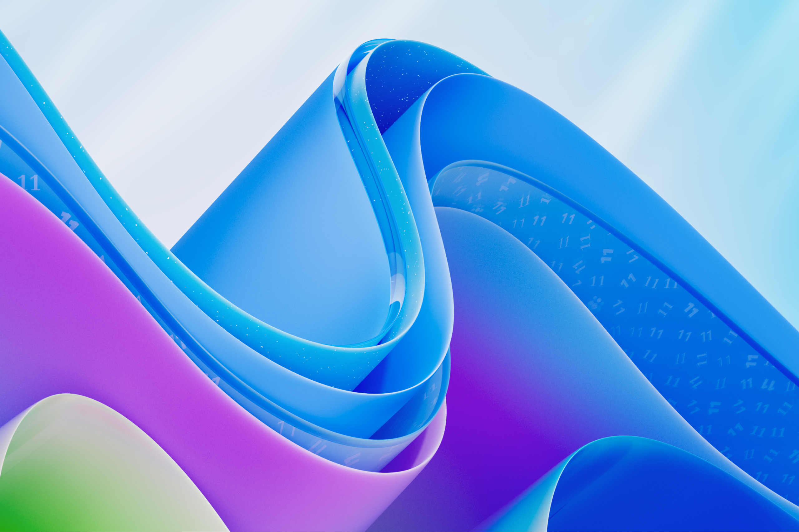Abstract digital art featuring flowing, ribbon-like waves in shades of blue, purple, and green, with subtle gradients and patterns, set against a light, softly blurred background—perfect for modern wallpapers.