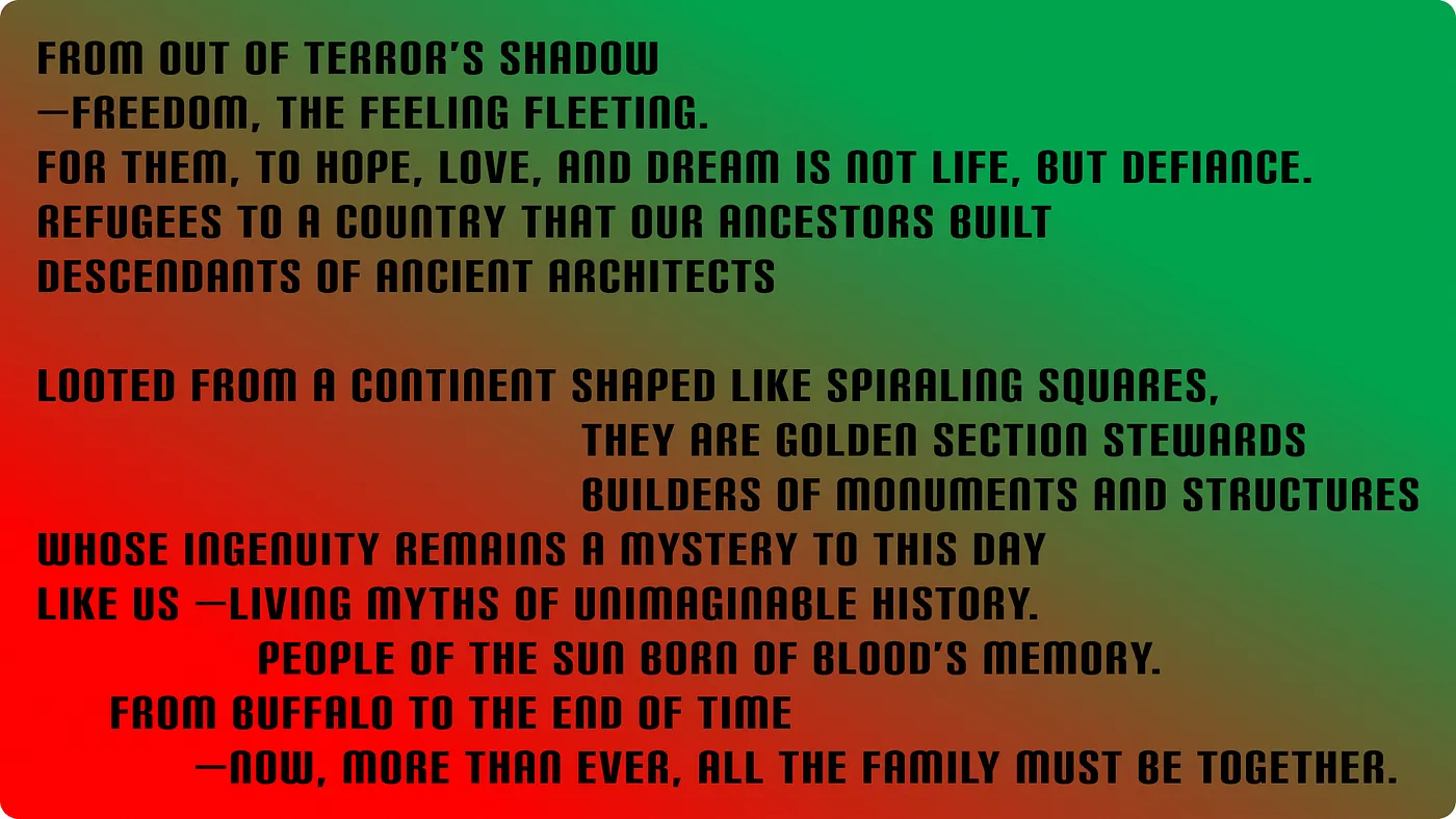 Text on a gradient background reads: poetic phrases about refugees, ancestors, architects, ingenuity, and unity, emphasizing themes of defiance, memory, and the importance of togetherness across generations.