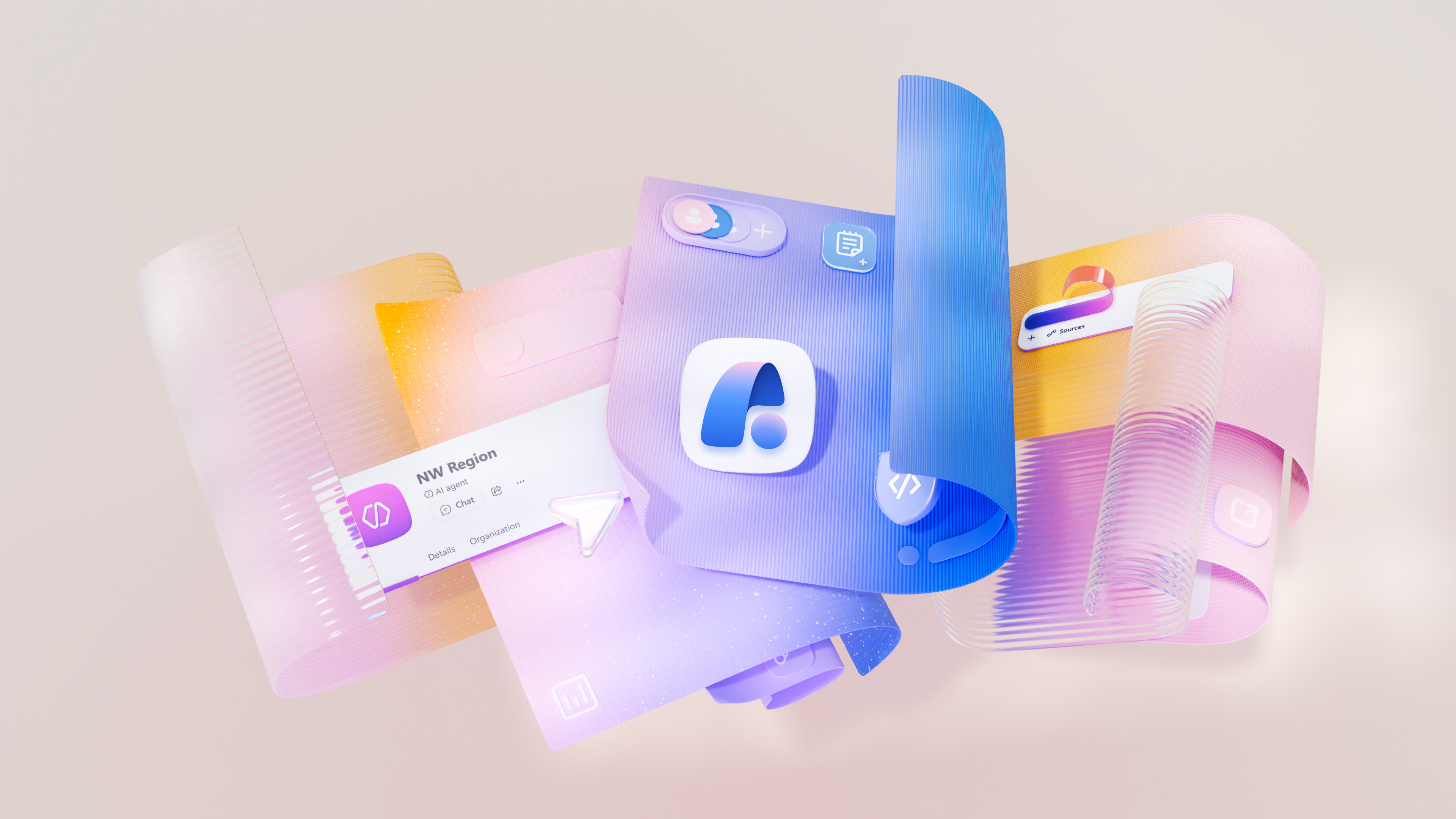 3D illustration of floating, translucent app interface elements in pastel colors, with icons, sliders, and buttons, surrounding a central logo resembling a stylized letter “A” on a purple background.