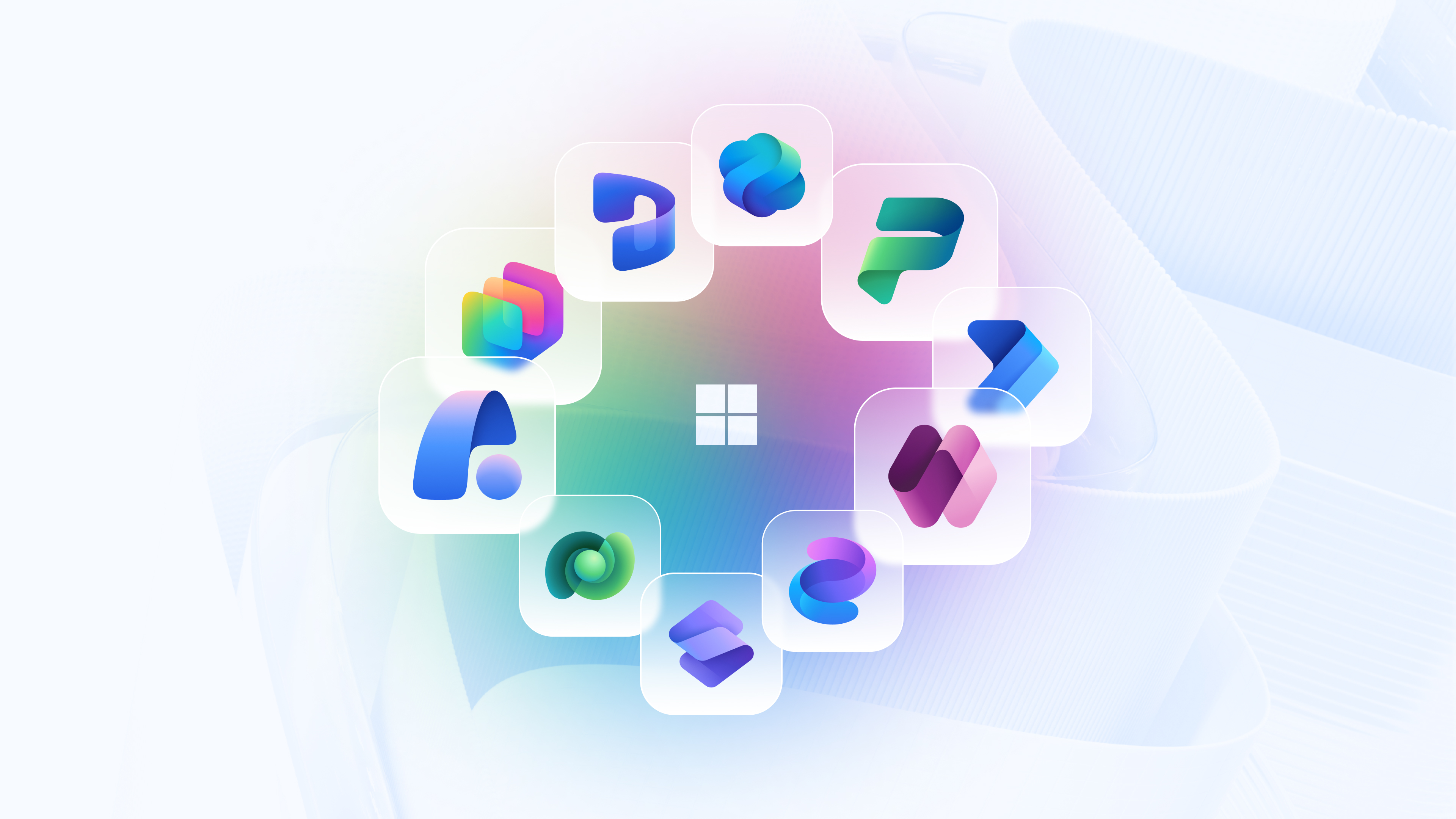 A white Windows logo is centered, surrounded by nine colorful Microsoft 365 app icons arranged in a circle on a pastel gradient background.