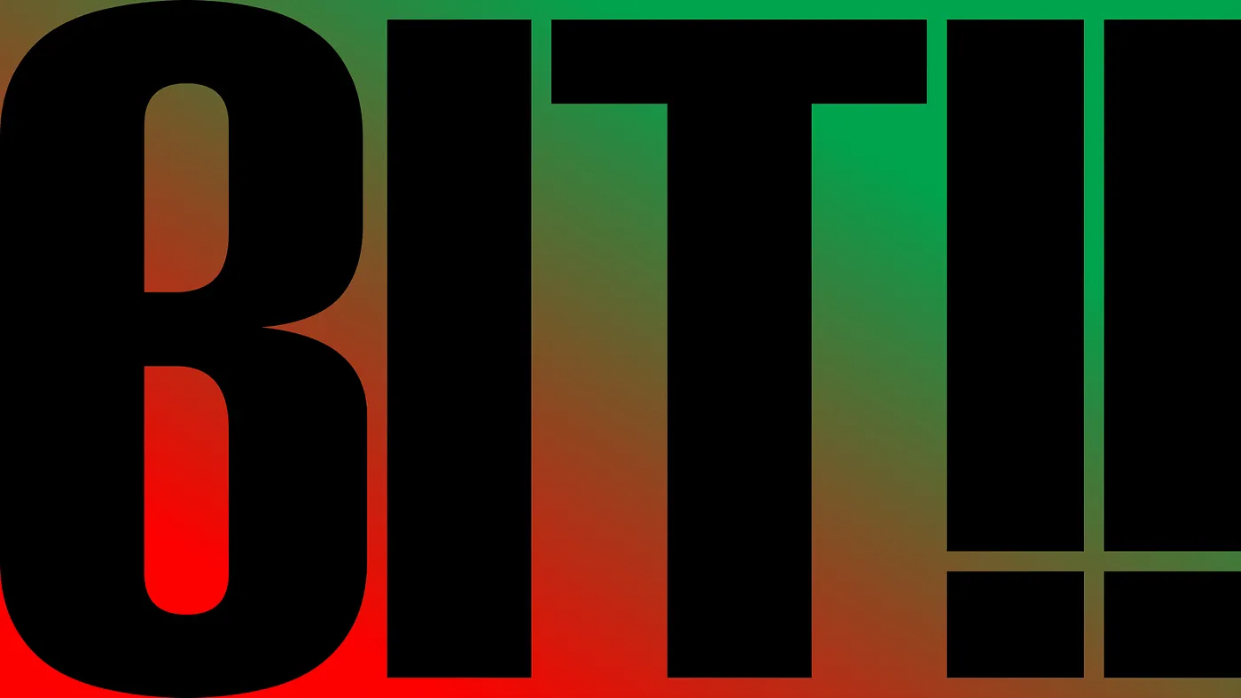 Bold black text reading "BIT!!" is centered over a gradient background that transitions from red at the bottom to green at the top.