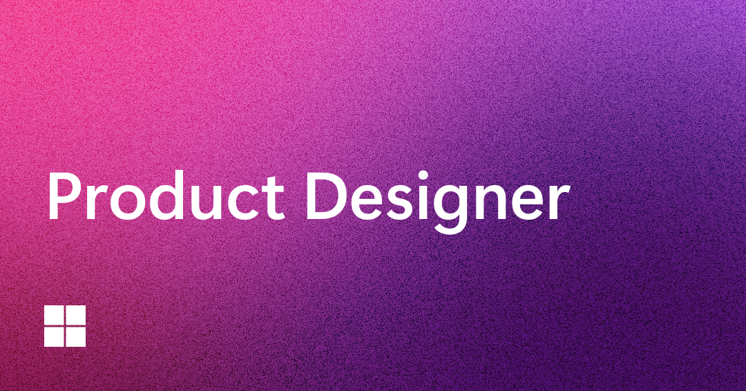 Text "Product Designer" in large white font on a pink-to-purple gradient background. A small, white, four-pane window logo is in the lower left corner.
