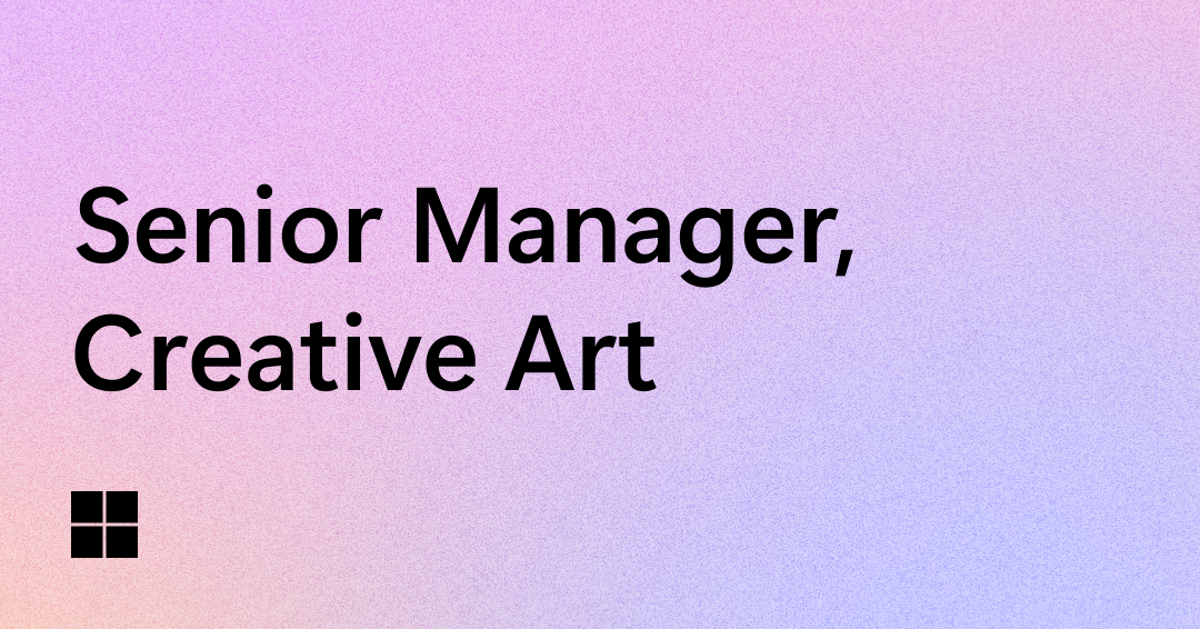 Text reads "Senior Manager, Creative Art" in bold black letters on a pastel gradient background. A small black square grid logo appears in the lower left corner.