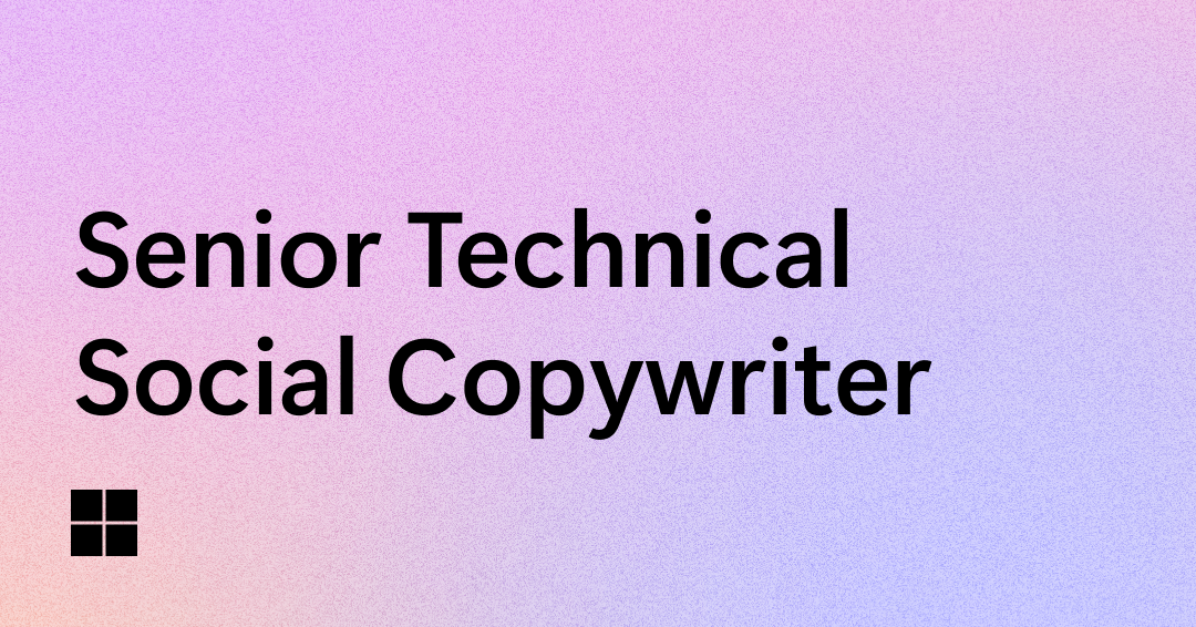 Text on a pastel gradient background reads "Senior Technical Social Copywriter" with a small black window icon in the bottom left corner.