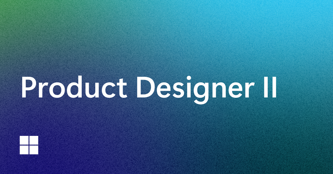 Text "Product Designer II" appears in large white letters on a gradient background of green, blue, and purple. A small white Microsoft logo is at the bottom left corner.