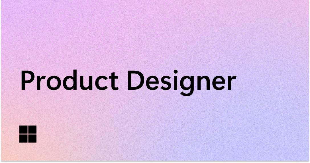 Text "Product Designer" in bold black letters is centered on a pastel gradient background of pink, purple, and blue. A small black four-square icon appears in the lower left corner.