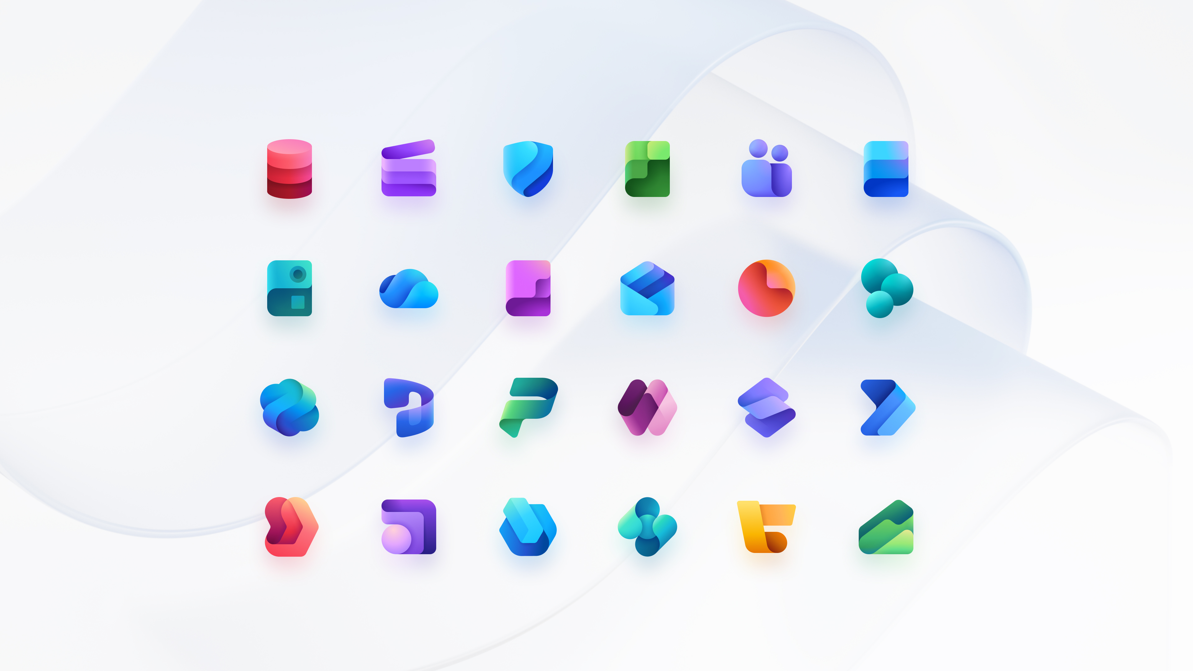 A grid of 24 colorful, abstract icons representing different Microsoft 365 apps, each with unique shapes and color gradients on a light, wavy background.