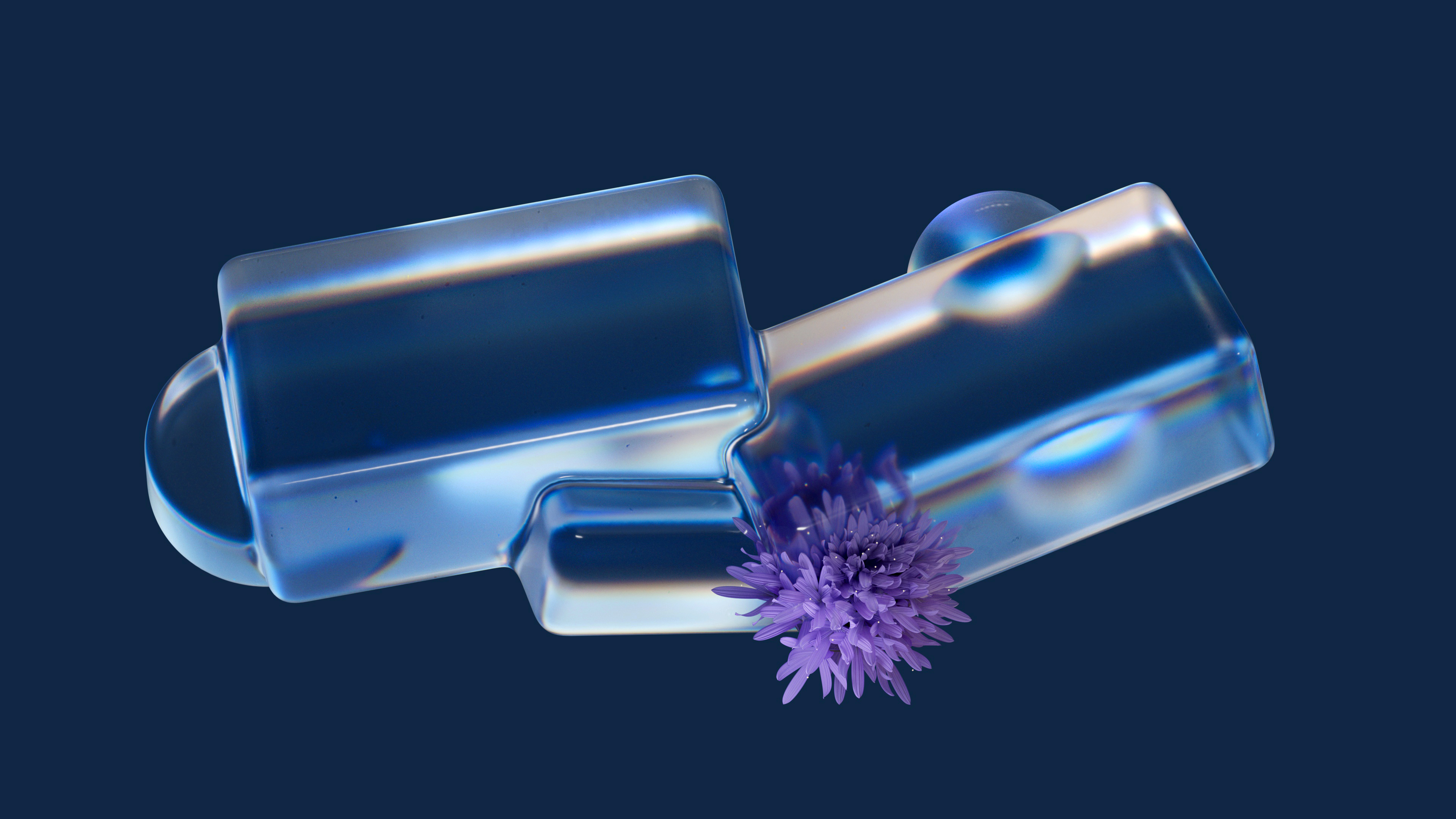 Two transparent blue glass-like rectangular blocks are stacked against each other on a dark blue background, with a small, spiky purple flower or sea anemone shape resting between them—an abstract scene perfect for striking wallpapers.