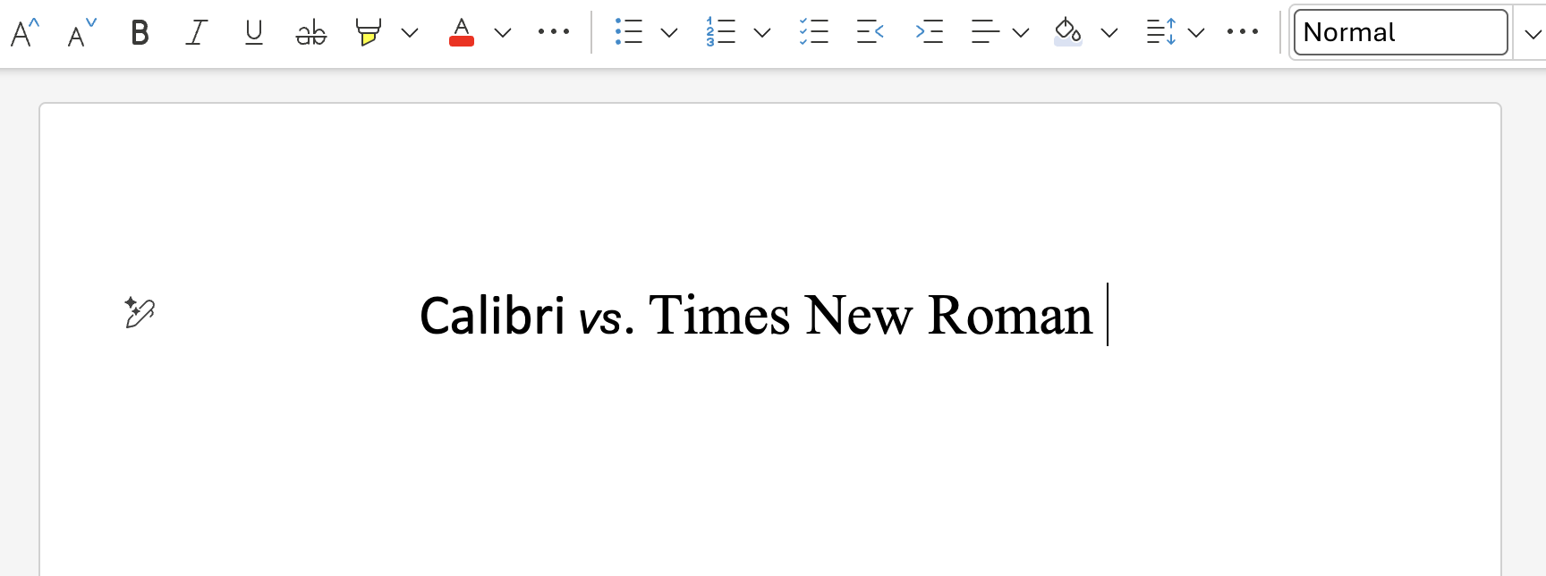 A Word document with the centered title "Calibri vs. Times New Roman" in Times New Roman font; various formatting options and the font dropdown are visible in the toolbar above.