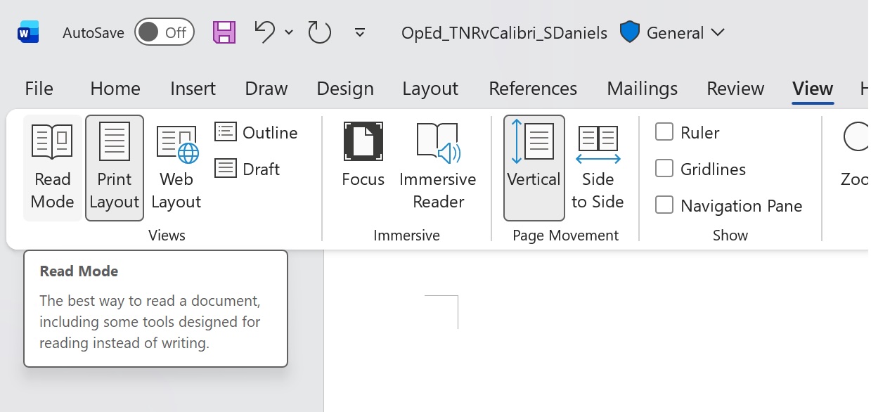Screenshot of the "View" tab in Microsoft Word, showing options like Read Mode, Print Layout, Web Layout, and other document viewing and layout tools. A tooltip for "Read Mode" is visible.