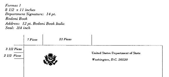 A sample letterhead layout for the U.S. Department of State, with spacing measurements in picas and inches, an official seal, and example text including address and formatting guidelines.