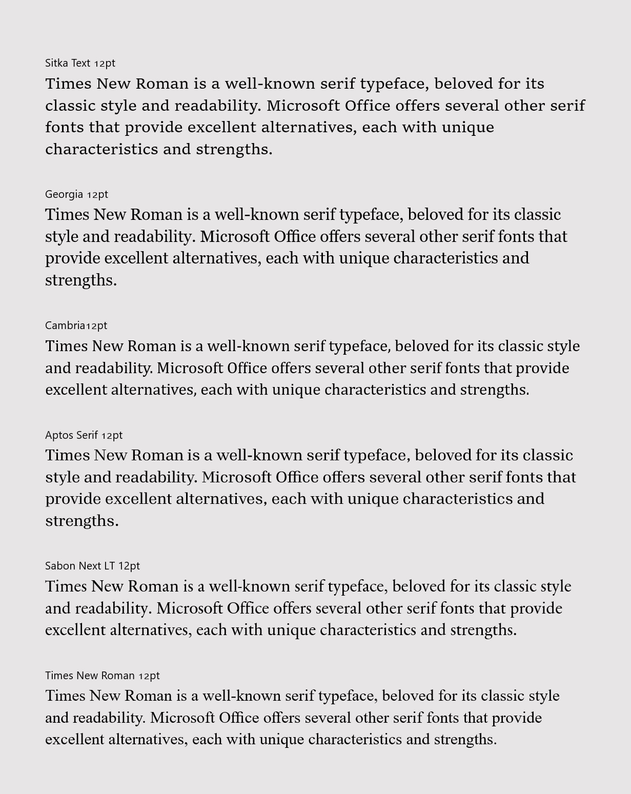 An image showing sample text in six different serif fonts: Sitka Text, Georgia, Cambria, Aptos Serif, Sabon Next LT, and Times New Roman. Each paragraph explains Times New Roman's popularity and alternative fonts.