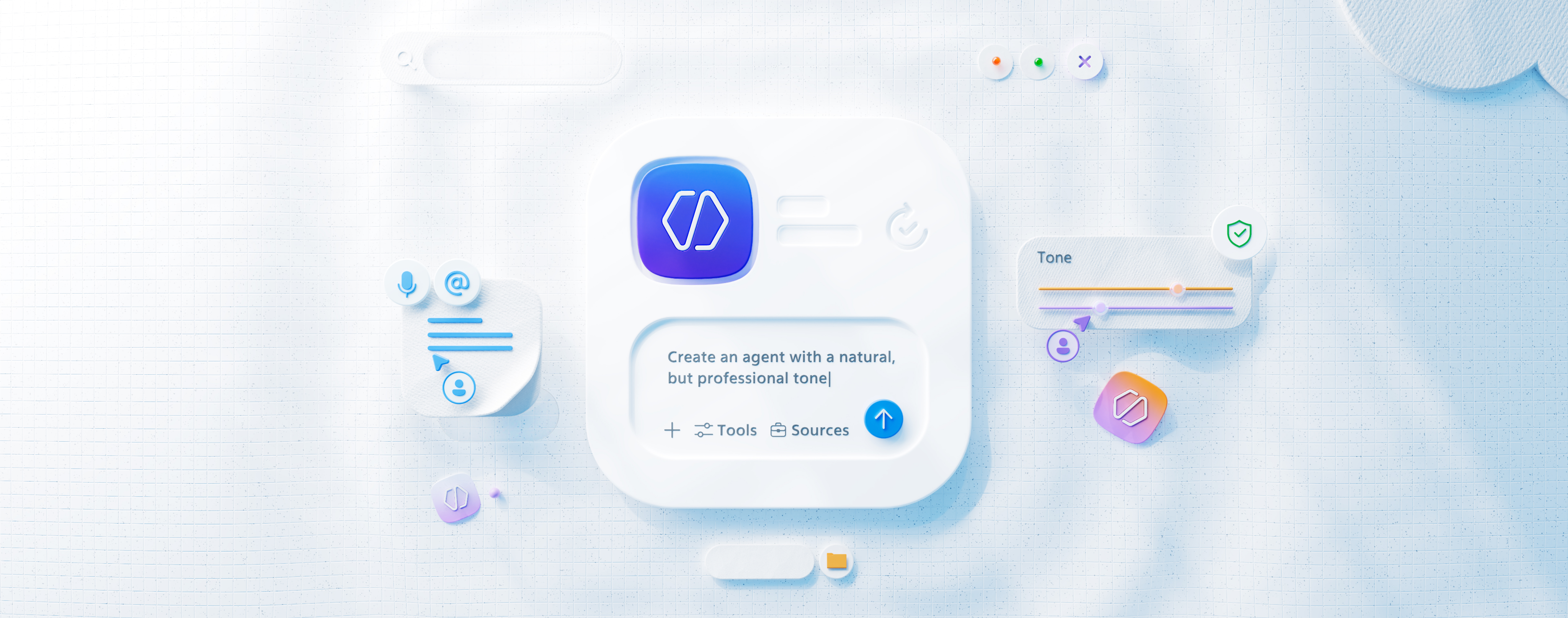 A futuristic, white interface displays a message: “Create an agent with a natural, but professional tone.” Various colorful icons, sliders, and buttons surround the central dialogue box.