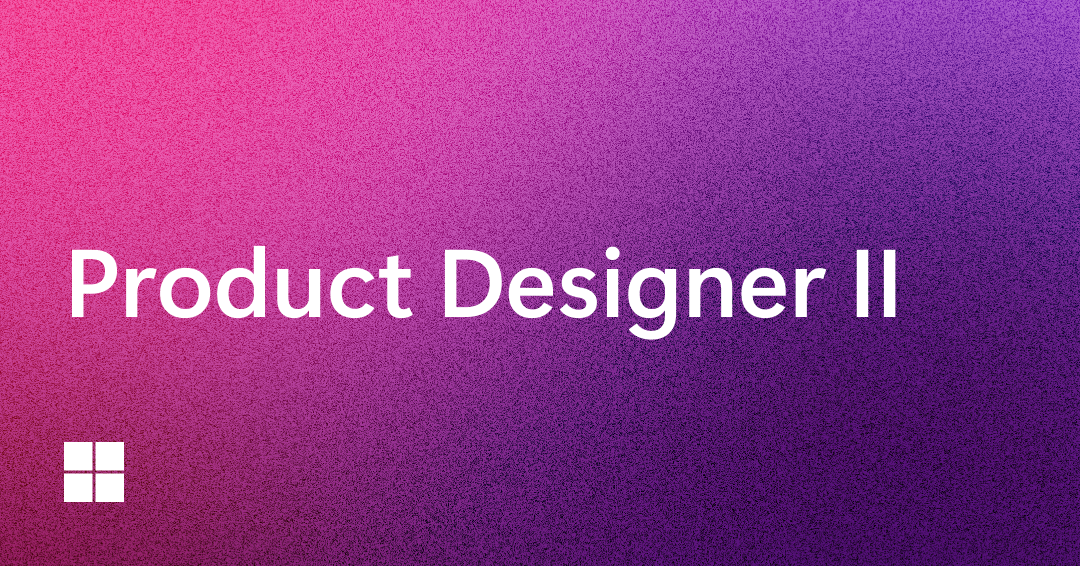 White text reads "Product Designer II" on a pink-to-purple gradient background. A small white Windows logo appears in the bottom left corner.